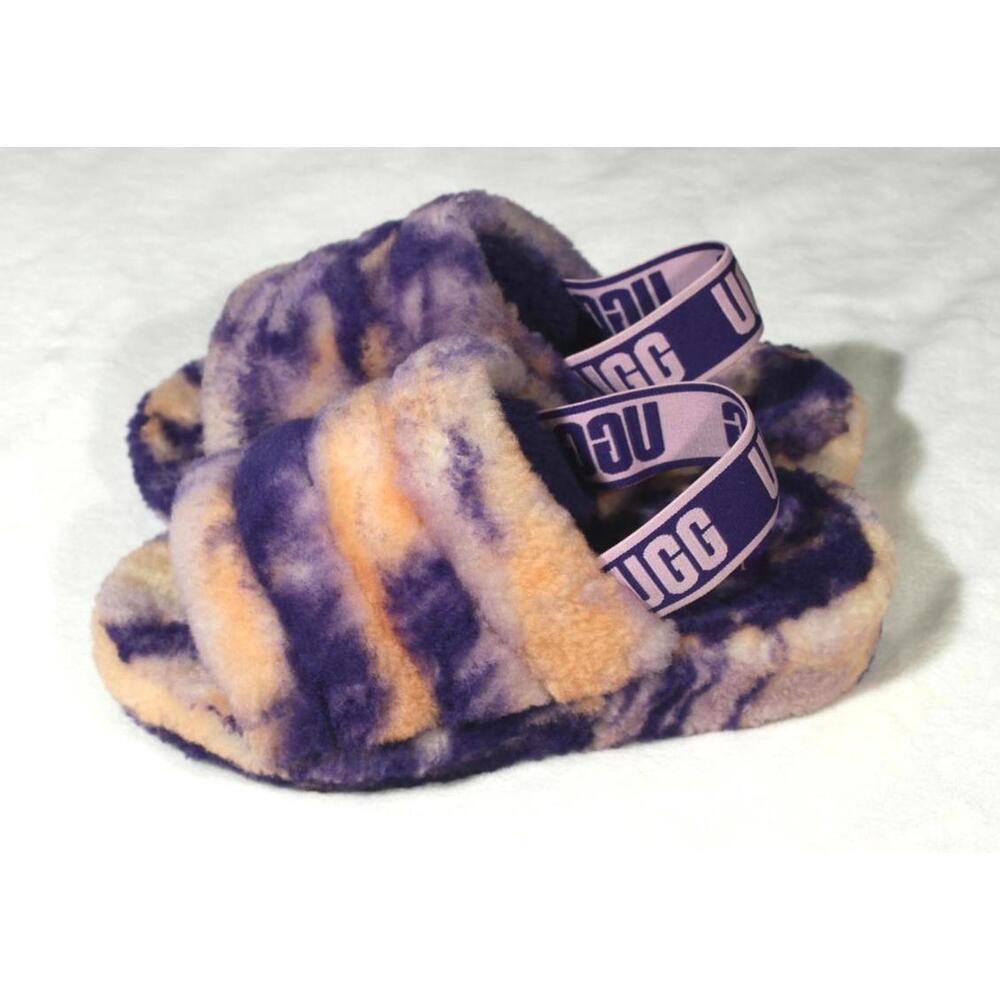UGG Fluff Yeah Slide Tie Dye Purple Peach Shearling Platform Slippers Size 6 - Picture 12 of 14